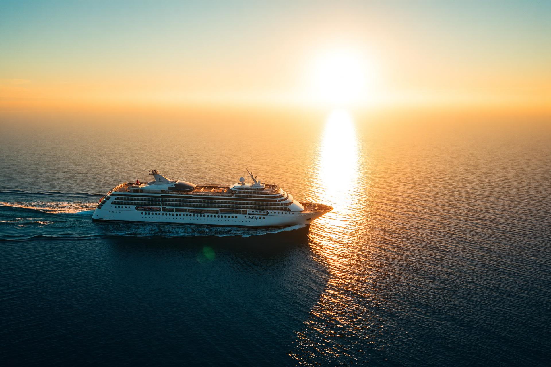 Cruiseschip vaart de zonsondergang tegemoet op de Middellandse Zee
